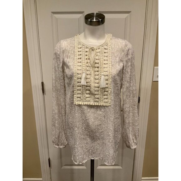 T Tahari Gray & White Textured Floral Tunic Top W/ Tie, Size Medium - Picture 1 of 6